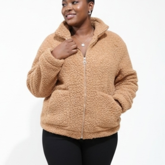 Tan Faux Fur Zip-Up Mock Neck Jacket with Pockets Size-M - Picture 3 of 5
